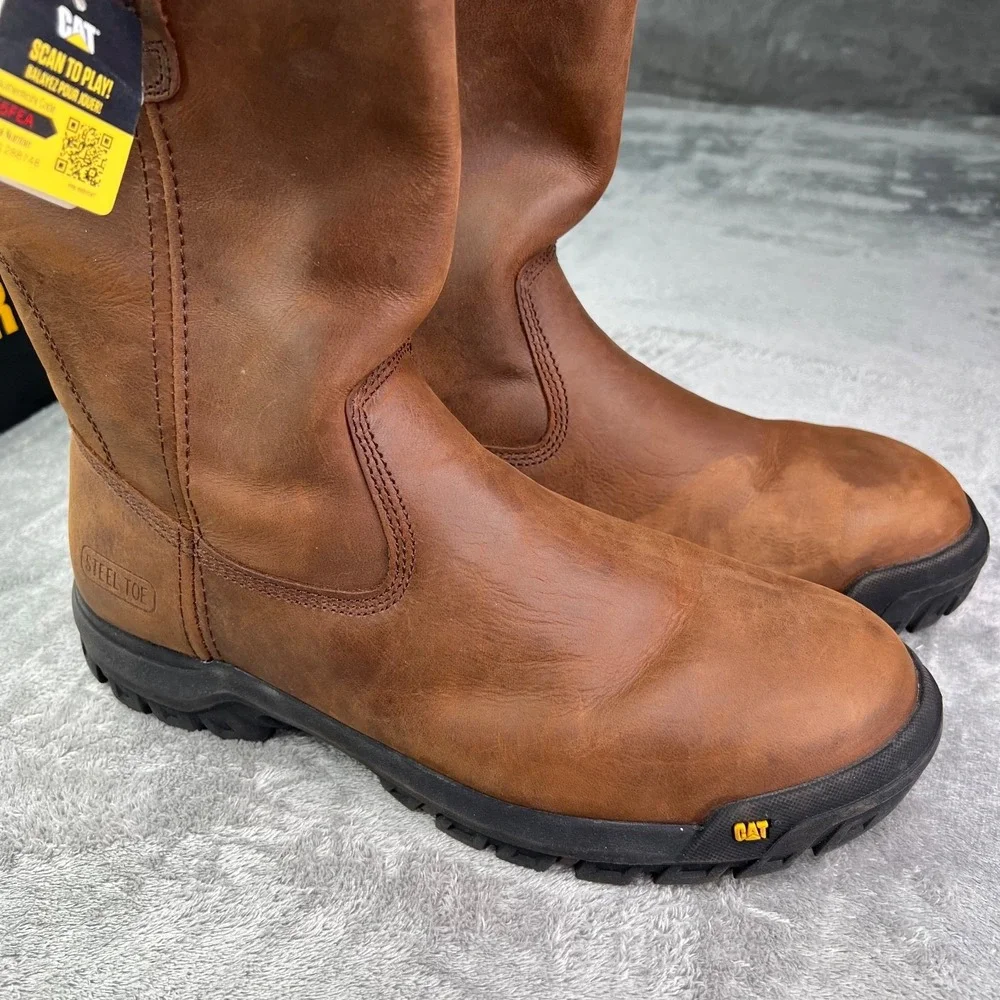 Caterpillar Work Boots Mens 8 Wide Summer‎ Brown Drawbar Pull-On Steel Toe New